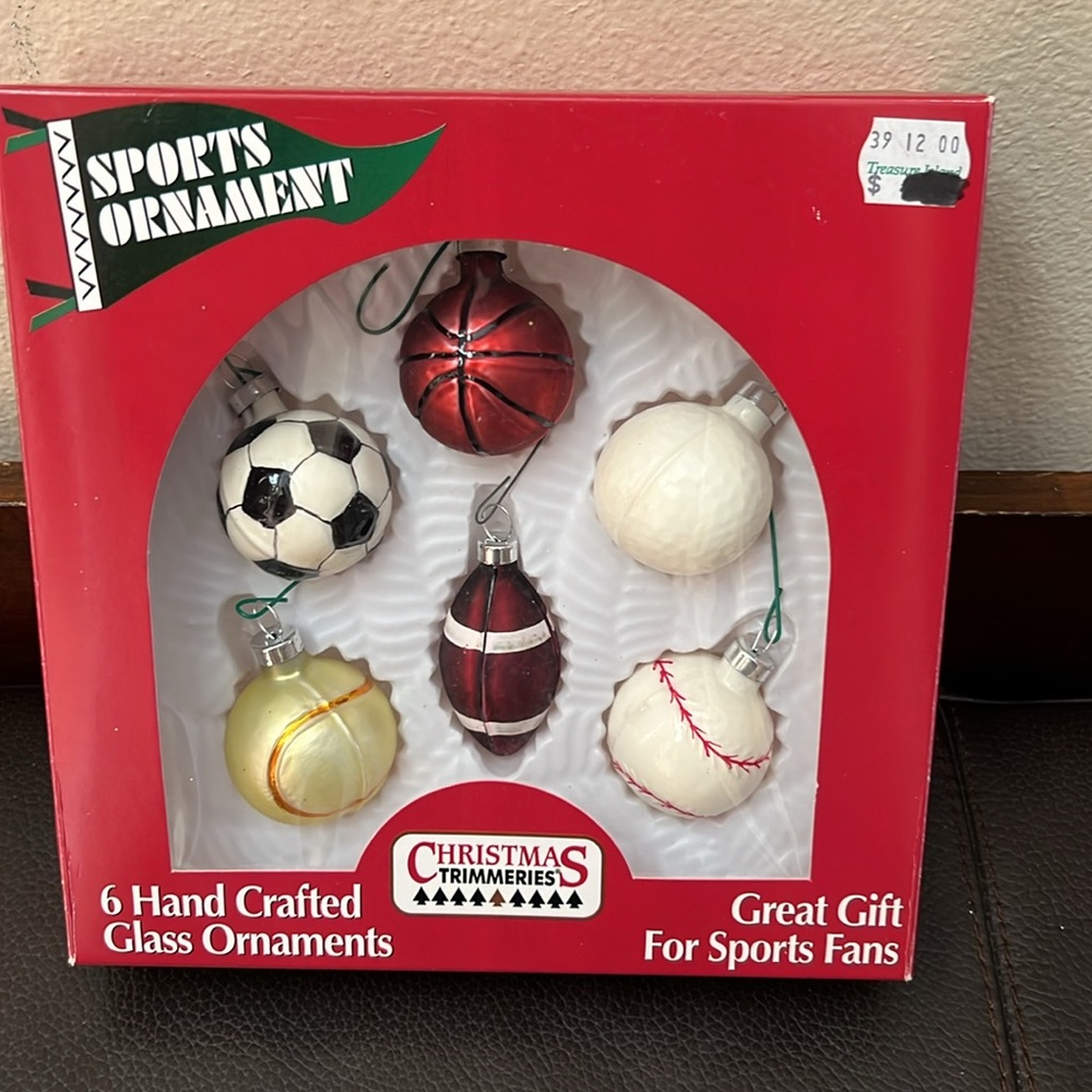 Handcrafted Glass Sports Christmas Ornaments Set of 6